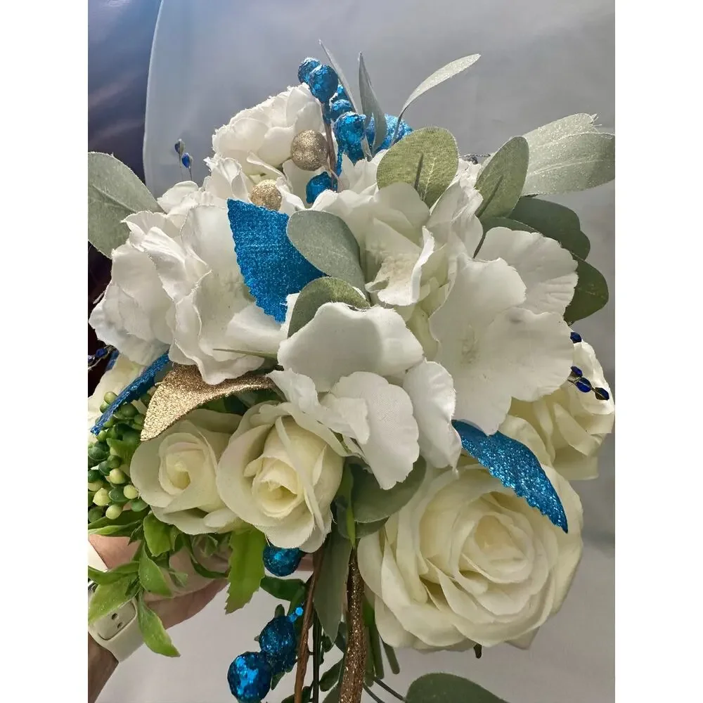 Homecoming prom floral bouquet artificial royal blue White off white gold